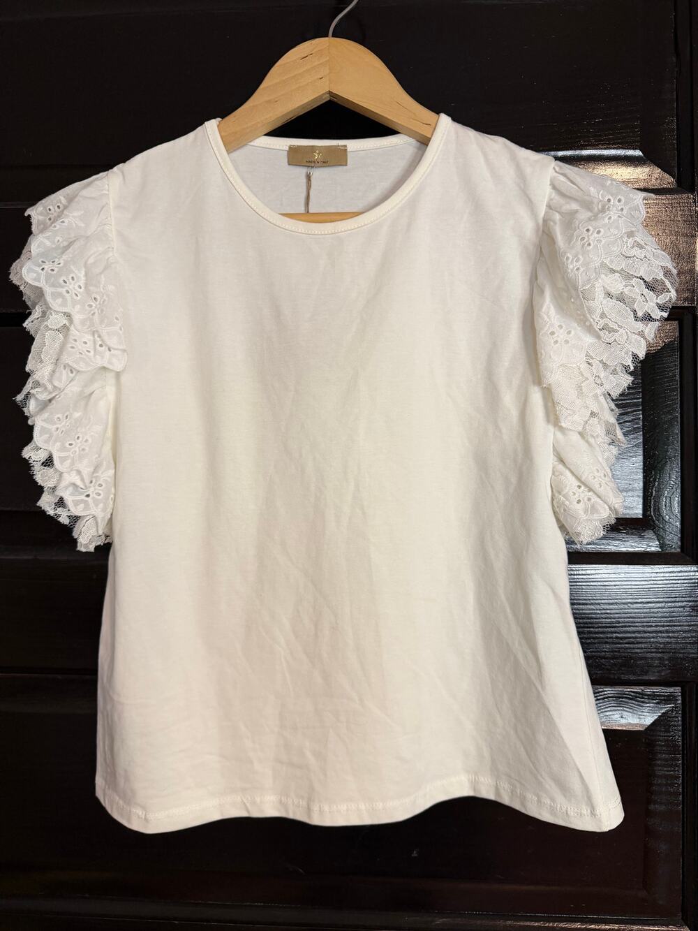 Made in Italy White Eyelet Lace Ruffle Sleeve Top NWT